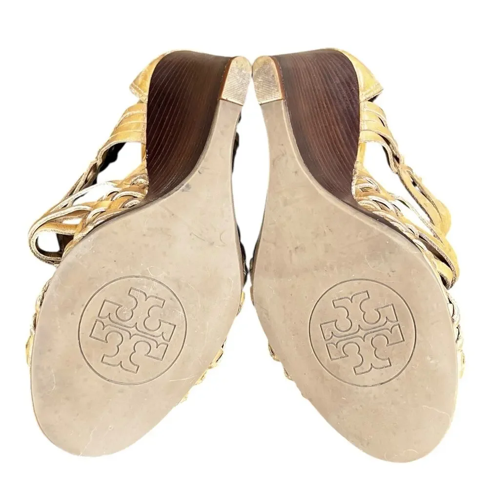 Tory Burch Women’s Tevray Huarache Tan Leather Wedge Sandals Size US 7